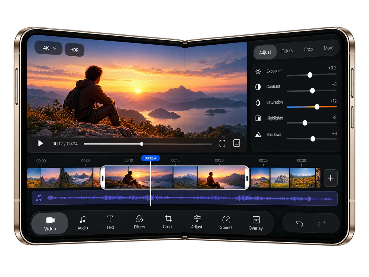 Illustrative artwork of a foldable phone opened wide showing a video editor with a preview, timeline and adjustment sliders.