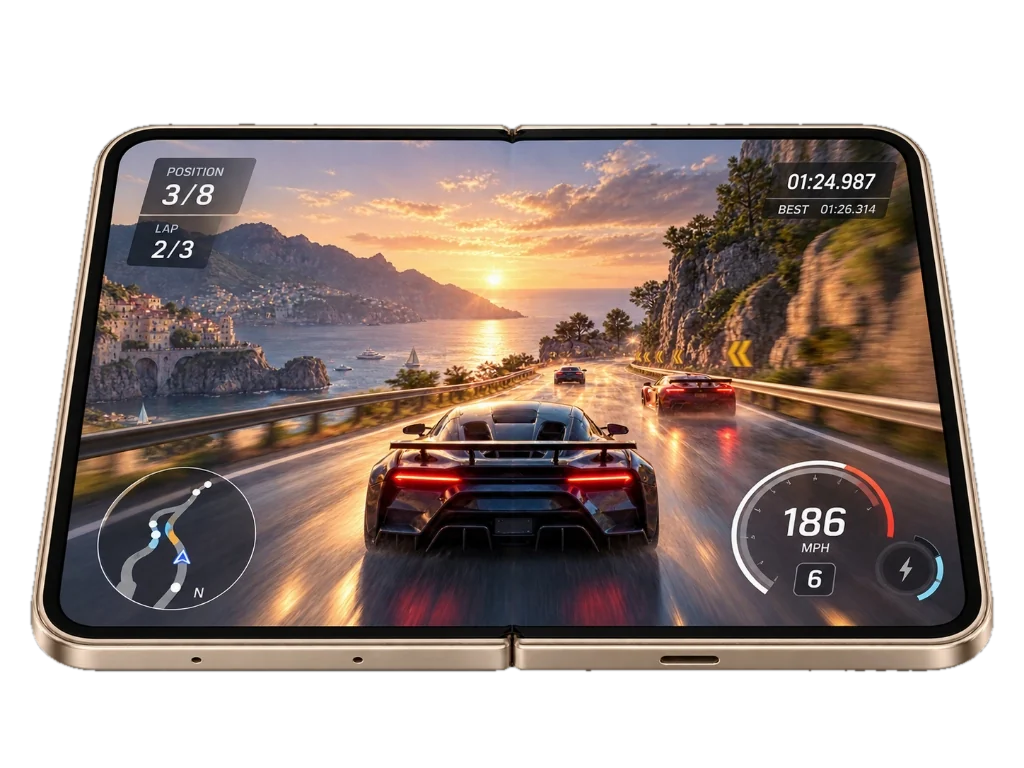 Illustrative artwork of a foldable phone opened flat showing a full-screen racing game with a coastal road at sunset.