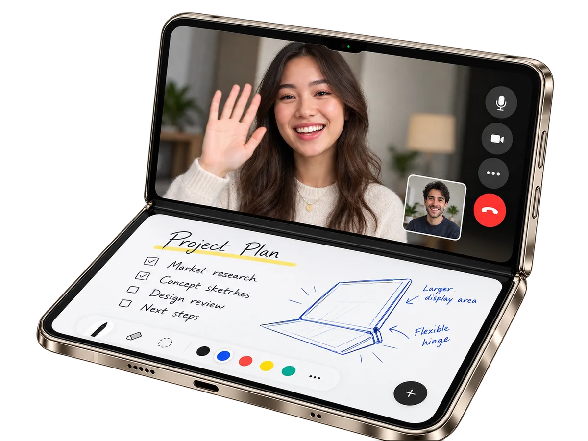 Illustrative artwork of a foldable phone half folded like a laptop, with a video call on the top half and handwritten notes on the bottom half.
