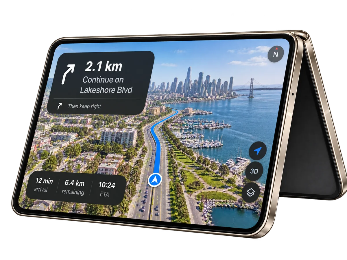 Illustrative artwork of a foldable phone standing in a tent shape showing a three dimensional map with a route.