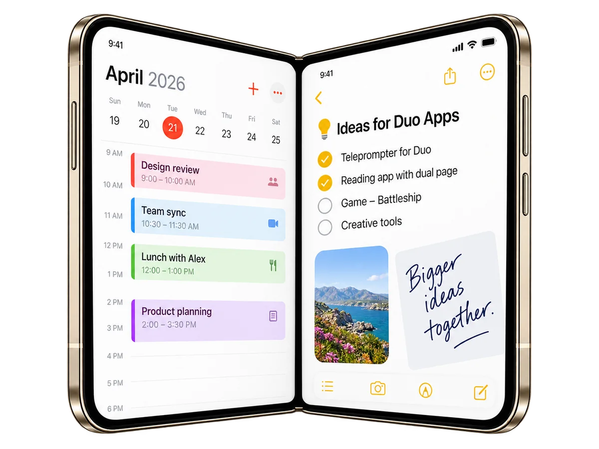 Illustrative artwork of a foldable phone opened like a book with a calendar on the left page and a notes list on the right.