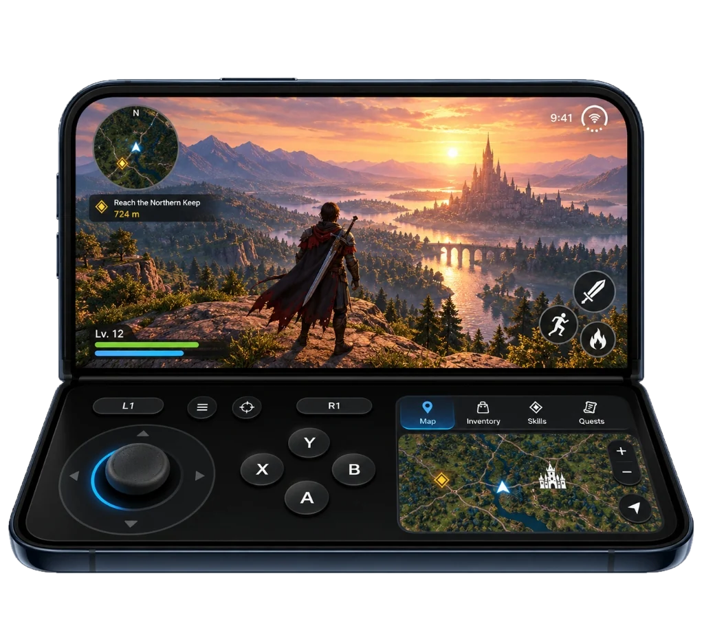 Illustrative artwork of a foldable phone half folded with a fantasy game on the top half and an on-screen controller with a map on the bottom half.
