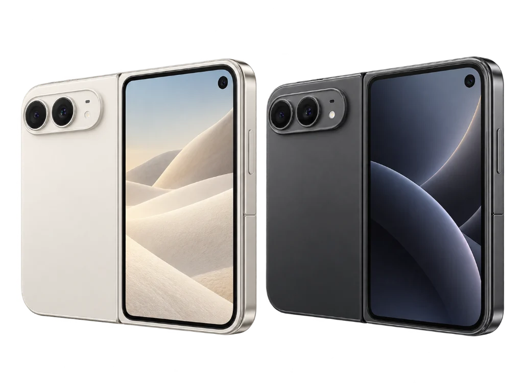 Illustrative artwork of two foldable phones standing partly open, one star white and one night sky, each showing two lenses on the back and a display on the front.