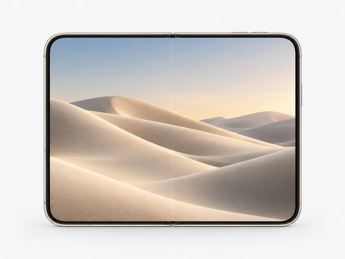 Illustrative artwork of a foldable phone opened flat and seen from the front with a desert dunes wallpaper.