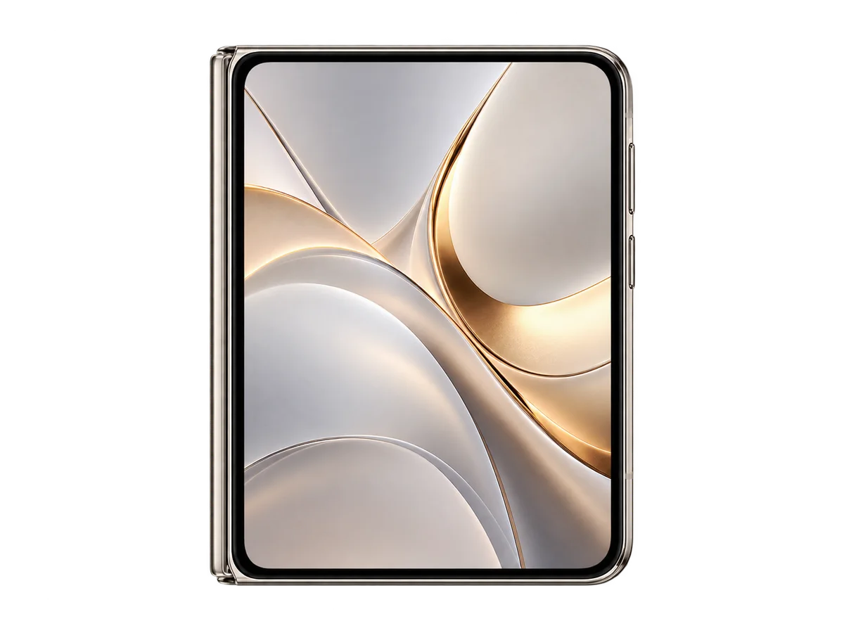 Illustrative artwork of a folded foldable phone seen from the front with an abstract gold and silver wallpaper.