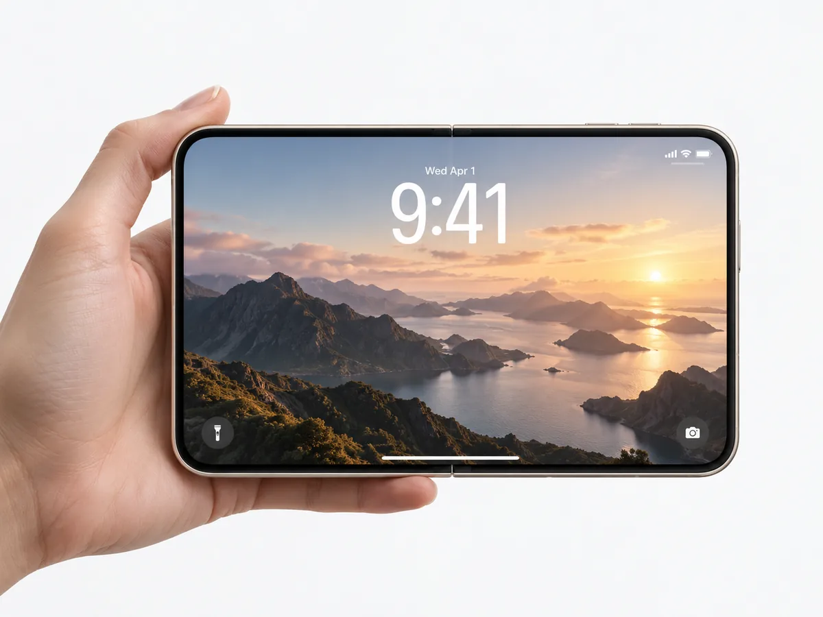 Illustrative artwork of a hand holding a foldable phone open in landscape with a mountain lake wallpaper.
