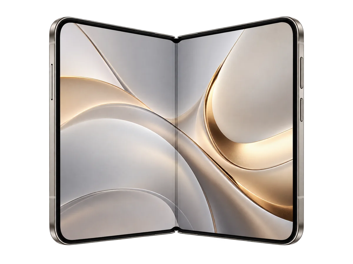 Illustrative artwork of a foldable phone opened flat with an abstract gold and silver wallpaper across its inner display.