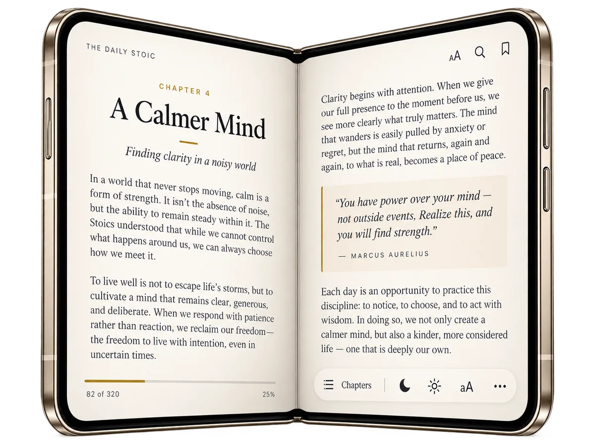Illustrative artwork of a foldable phone opened like a book at an angle showing a two page reading app.