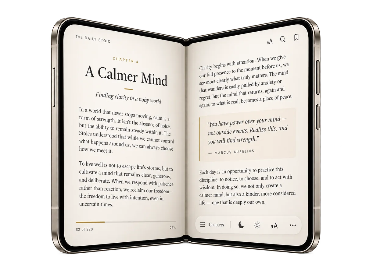Illustrative artwork of a foldable phone opened like a book with a two page reading app interface.