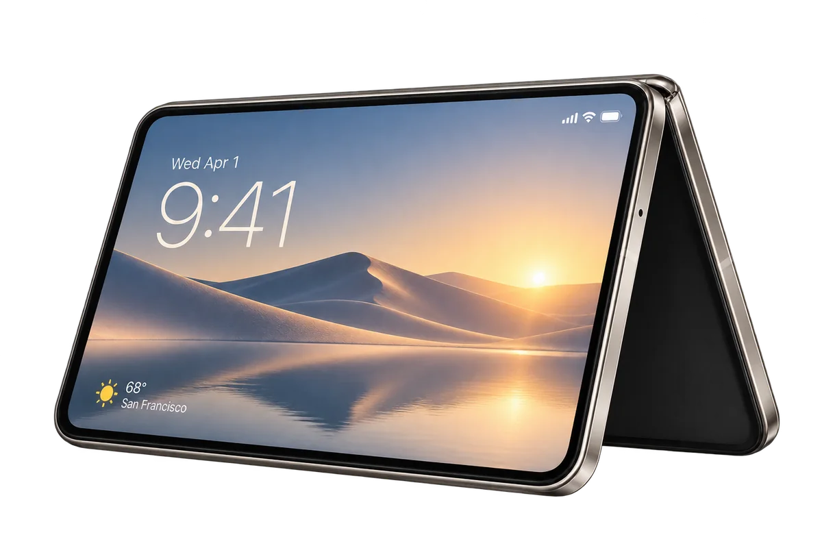 Illustrative artwork of a foldable phone standing in a tent shape with a desert sunset wallpaper.