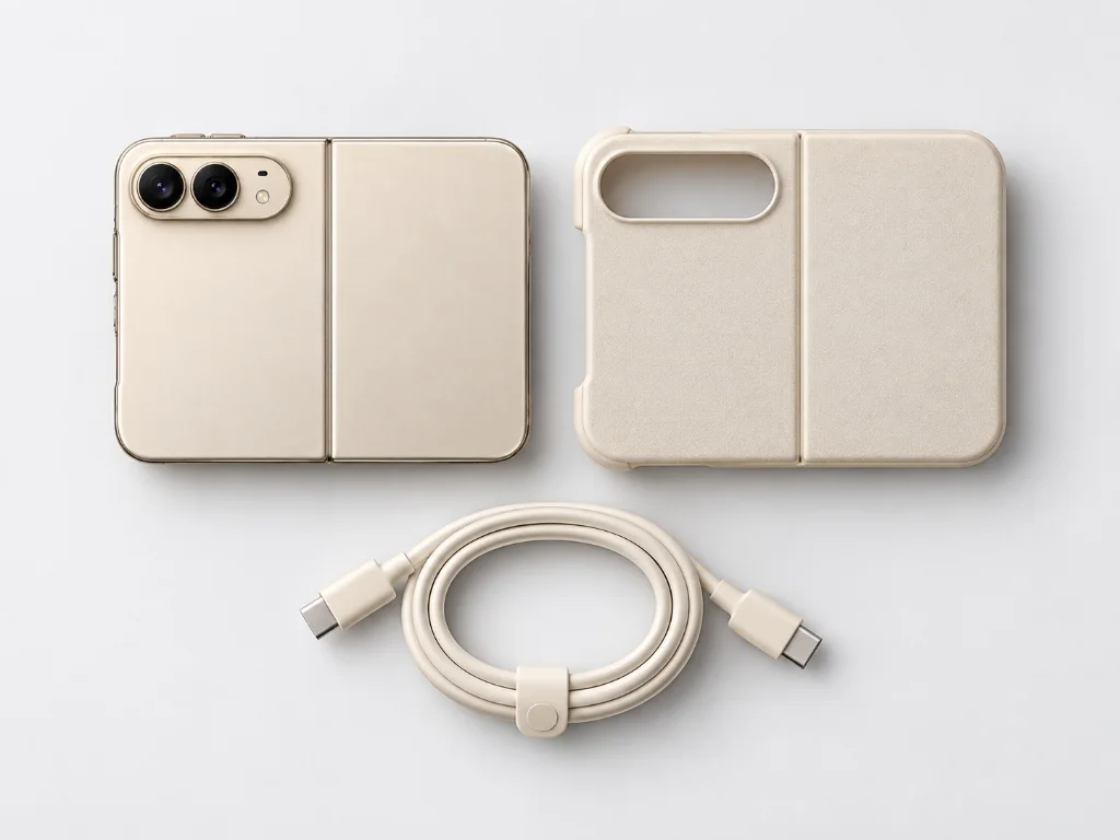 Illustrative artwork of a folded foldable phone, a sand coloured two-part case and a coiled USB-C cable laid flat.