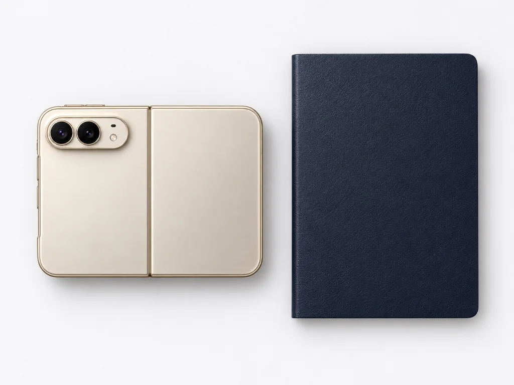 Illustrative artwork of a folded foldable phone lying next to a closed navy blue folio case.