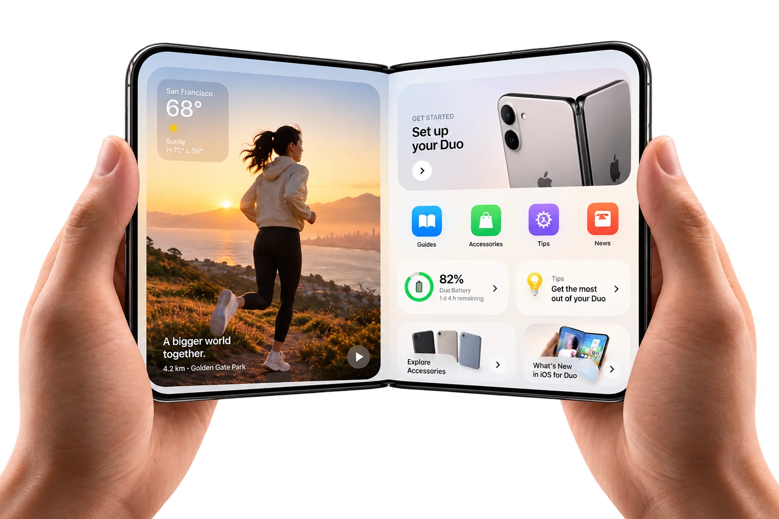Illustrative artwork of a foldable phone held open in landscape. Its interface and device details are conceptual.